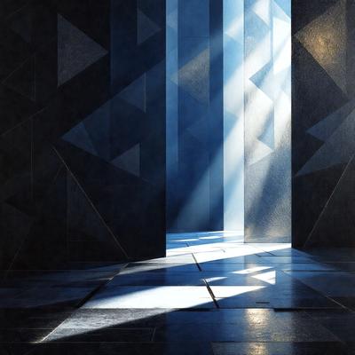 The primary subject of the image is a large, dark stone wall with a light shining through it. The setting is a dark room with a stone floor. The visual style is a combination of a photo and digital art, creating a unique and intriguing atmosphere. The dominant colors are dark and light, with the light shining through the stone wall creating a sense of depth and contrast.
